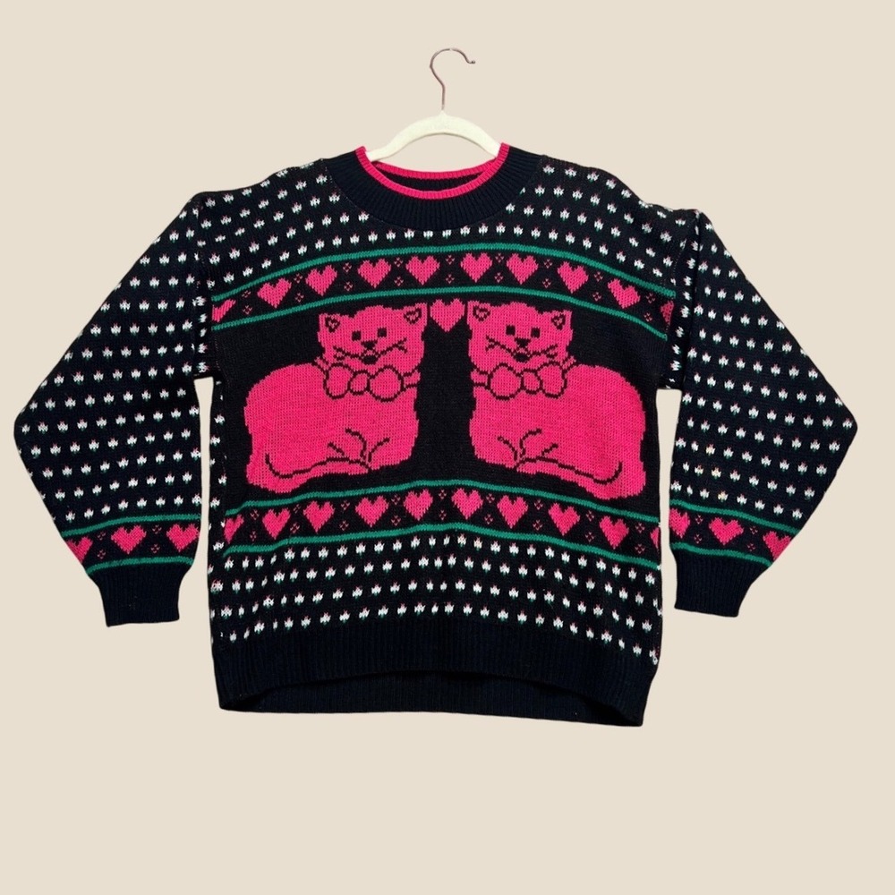 Vintage 80s Jane Adams Cat Sweater Pink Hearts Fair Isle Knit Black Medium USA